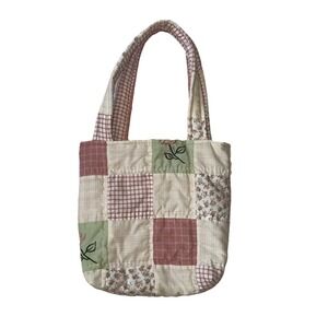 Handmade Patchwork Tote Bag Upcycled VTG Quilt Pink Lining Small Cotton Purse